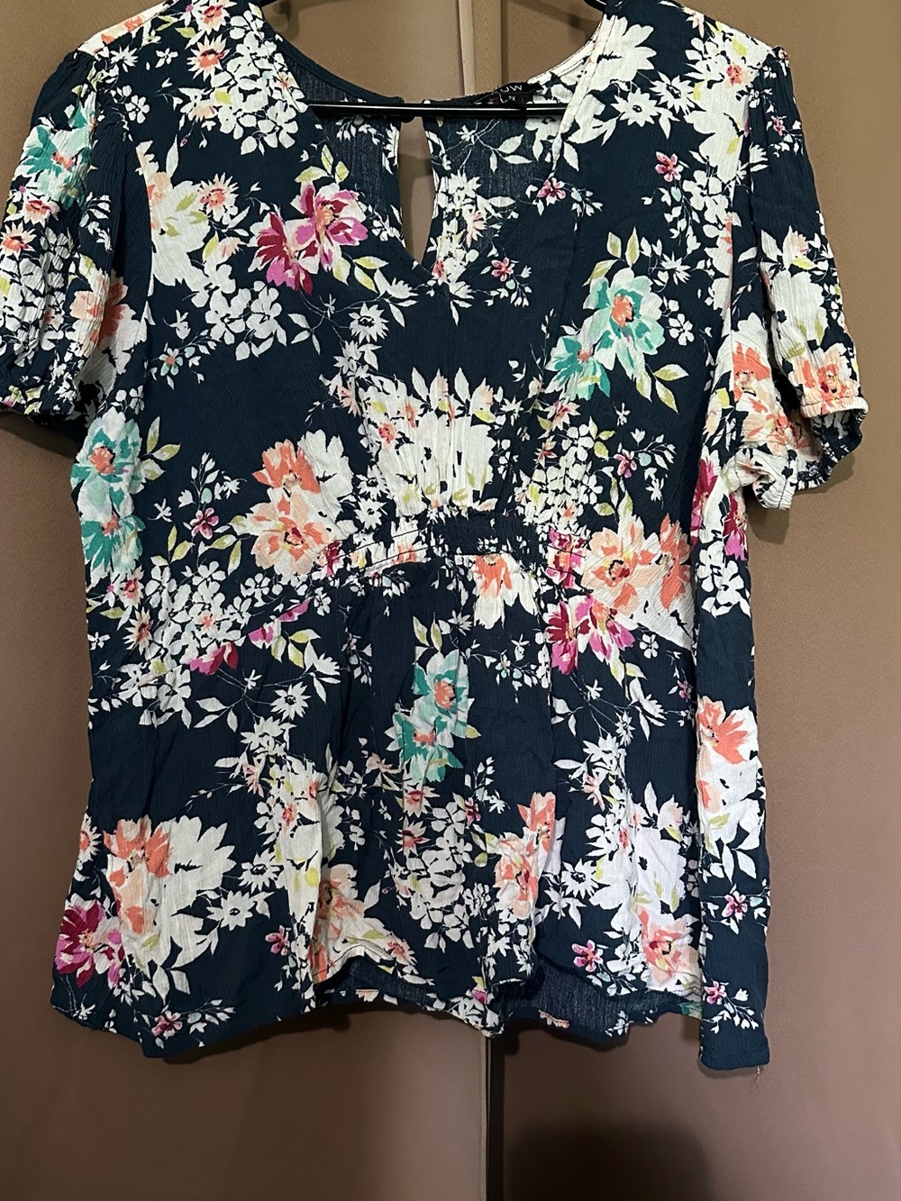 AUW Navy Floral V-Neck Short Sleeve Blouse
